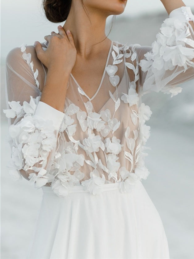 V-Neck A-Line Princess Wedding Dress with Floor-Length Appliques