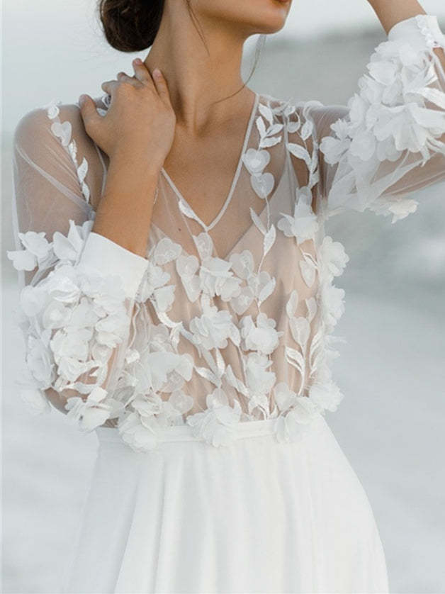 V-Neck A-Line Princess Wedding Dress with Floor-Length Appliques