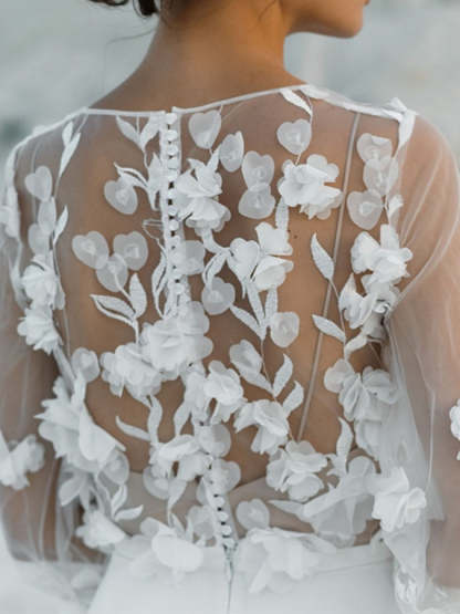 V-Neck A-Line Princess Wedding Dress with Floor-Length Appliques