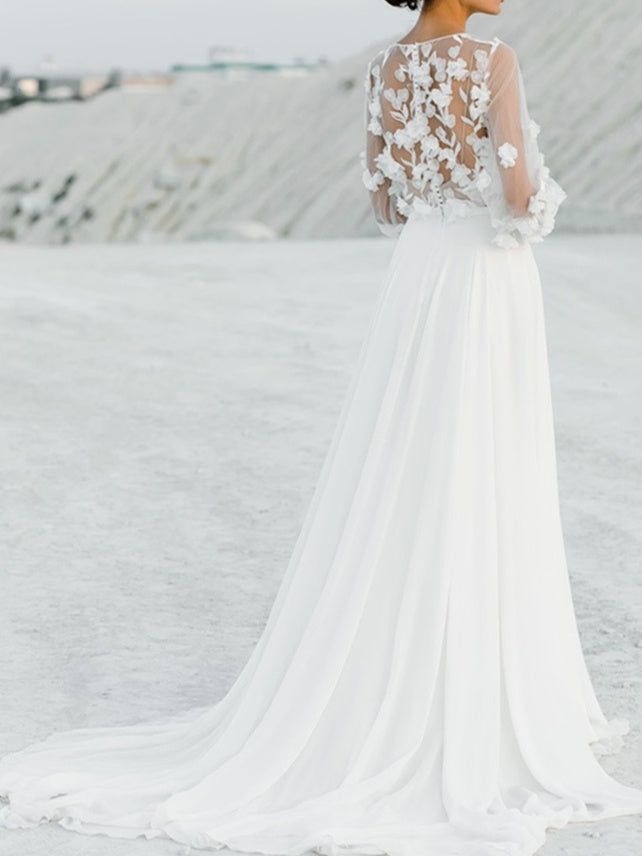 V-Neck A-Line Princess Wedding Dress with Floor-Length Appliques