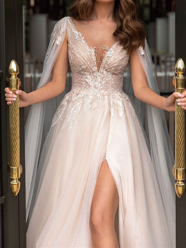 V-Neck A-Line Princess Wedding Gown with Side Slit and Floor-Length Skirt