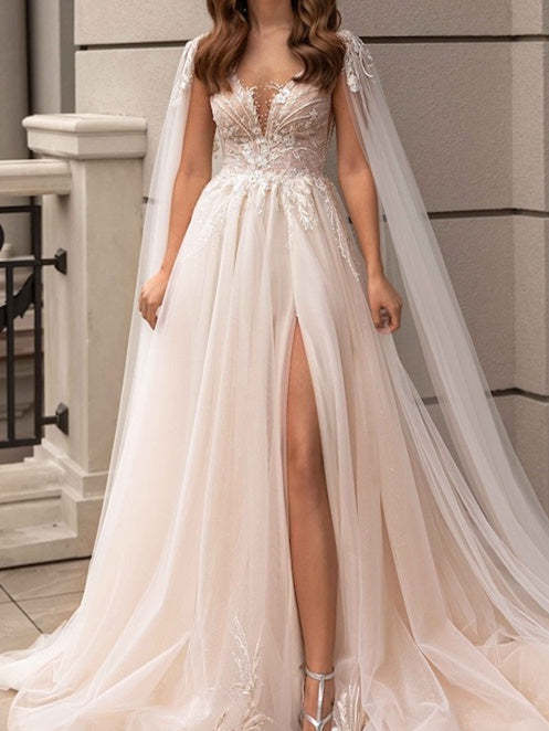 V-Neck A-Line Princess Wedding Gown with Side Slit and Floor-Length Skirt