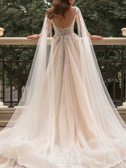 V-Neck A-Line Princess Wedding Gown with Side Slit and Floor-Length Skirt