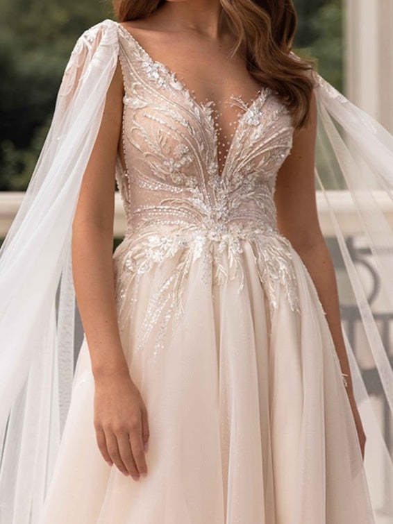 V-Neck A-Line Princess Wedding Gown with Side Slit and Floor-Length Skirt
