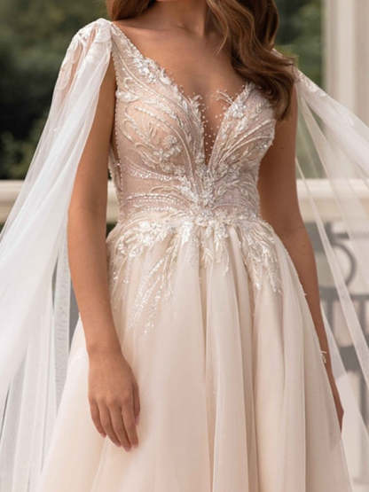V-Neck A-Line Princess Wedding Gown with Side Slit and Floor-Length Skirt