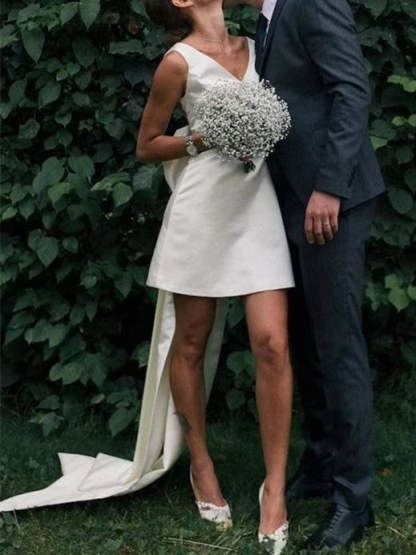 V-Neck Mini A-Line Princess Wedding Dress Featuring a Bow