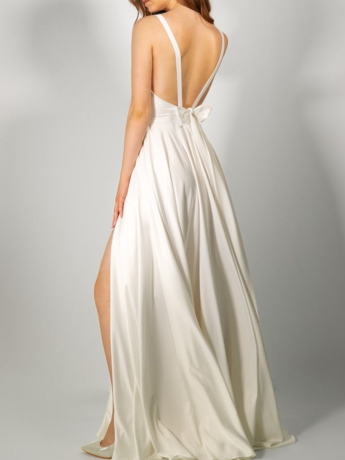 V-Neck Floor-Length A-Line Princess Wedding Dress Featuring a Bow and Side Split