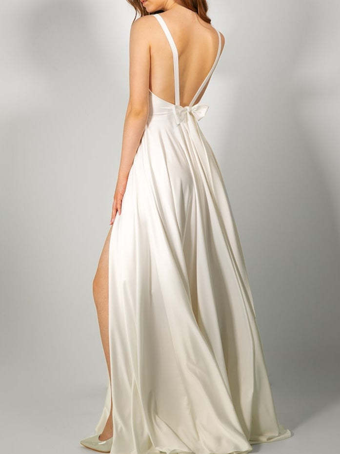 V-Neck Floor-Length A-Line Princess Wedding Dress Featuring a Bow and Side Split