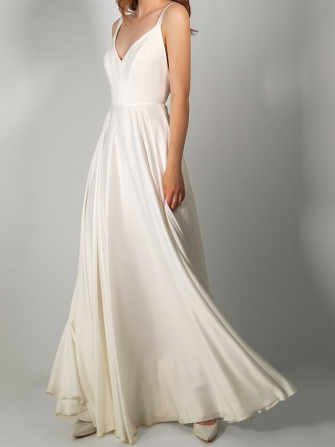 V-Neck Floor-Length A-Line Princess Wedding Dress Featuring a Bow and Side Split