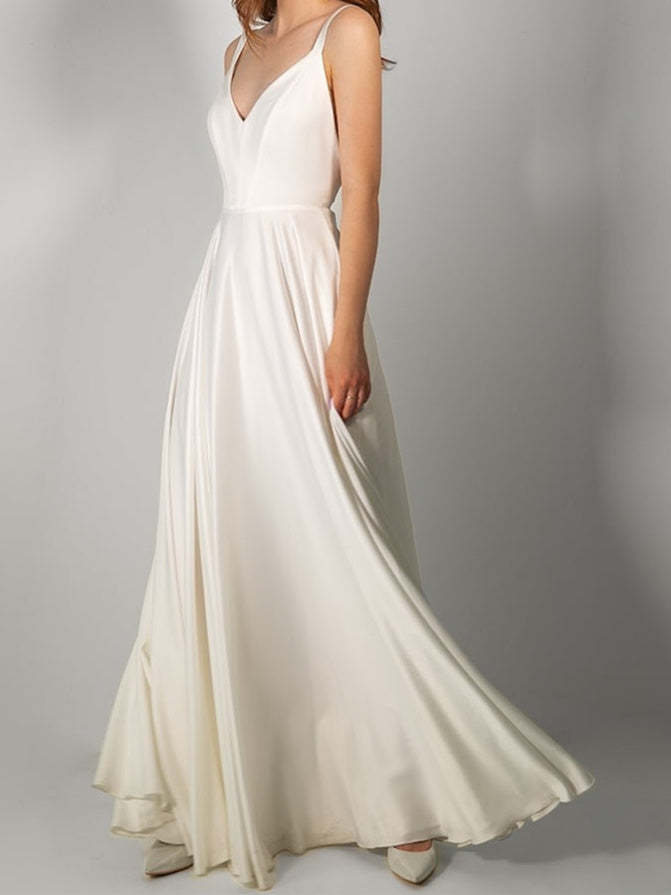 V-Neck Floor-Length A-Line Princess Wedding Dress Featuring a Bow and Side Split