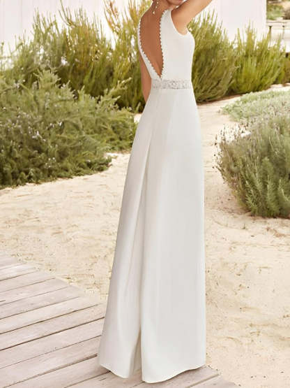 V-Neck Floor-Length A-Line Princess Wedding Dress Featuring a Lace Sash
