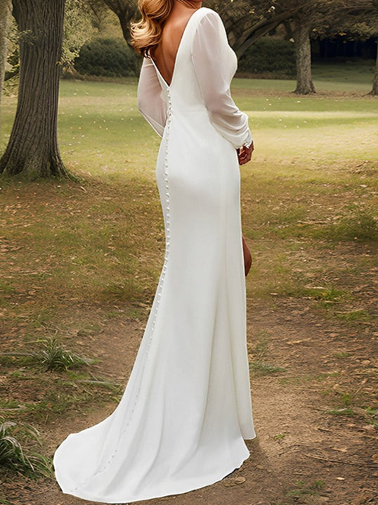 V-Neck Chiffon Wedding Gown with Sheath Silhouette and Side Split