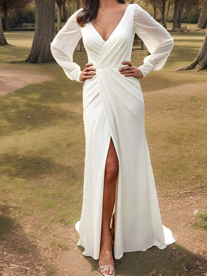 V-Neck Chiffon Wedding Gown with Sheath Silhouette and Side Split