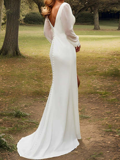 V-Neck Chiffon Wedding Gown with Sheath Silhouette and Side Split
