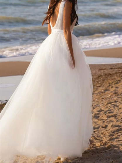 Princess A-Line Floor-Length Tulle Wedding Dress with Deep V-Neck