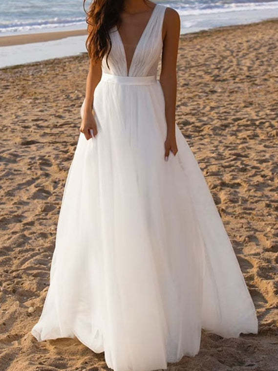 Princess A-Line Floor-Length Tulle Wedding Dress with Deep V-Neck