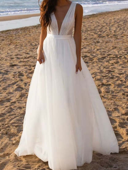 Princess A-Line Floor-Length Tulle Wedding Dress with Deep V-Neck
