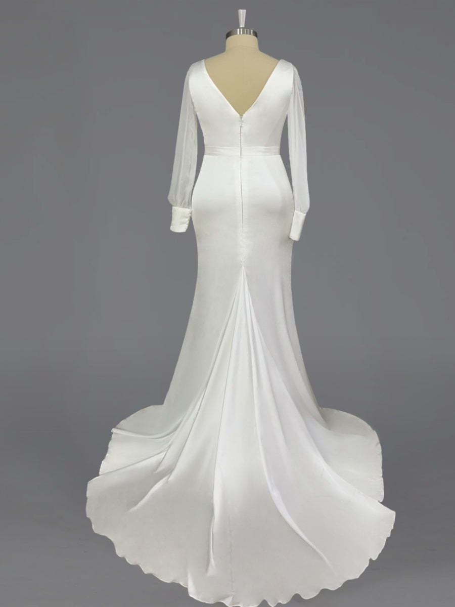 Mermaid/Trumpet V-Neck Wedding Gown with Long Sleeves and Floor-Length Hem
