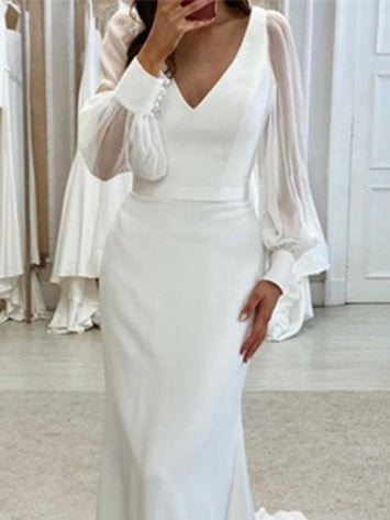Mermaid/Trumpet V-Neck Wedding Gown with Long Sleeves and Floor-Length Hem