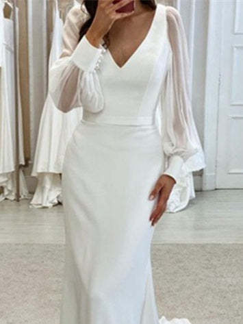 Mermaid/Trumpet V-Neck Wedding Gown with Long Sleeves and Floor-Length Hem