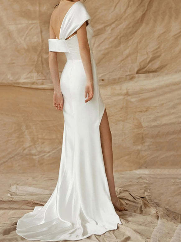 Silk Satin One-Shoulder Wedding Gown with Sheath/Column Style and Side Split