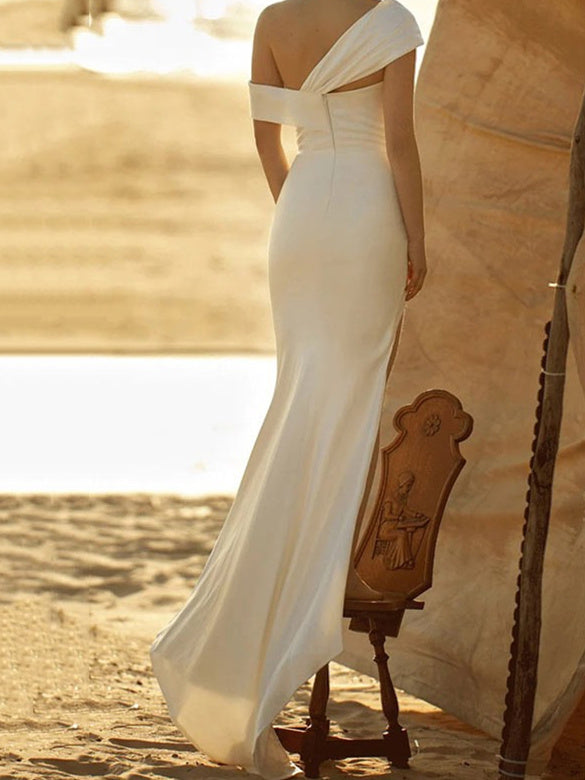 Silk Satin One-Shoulder Wedding Gown with Sheath/Column Style and Side Split