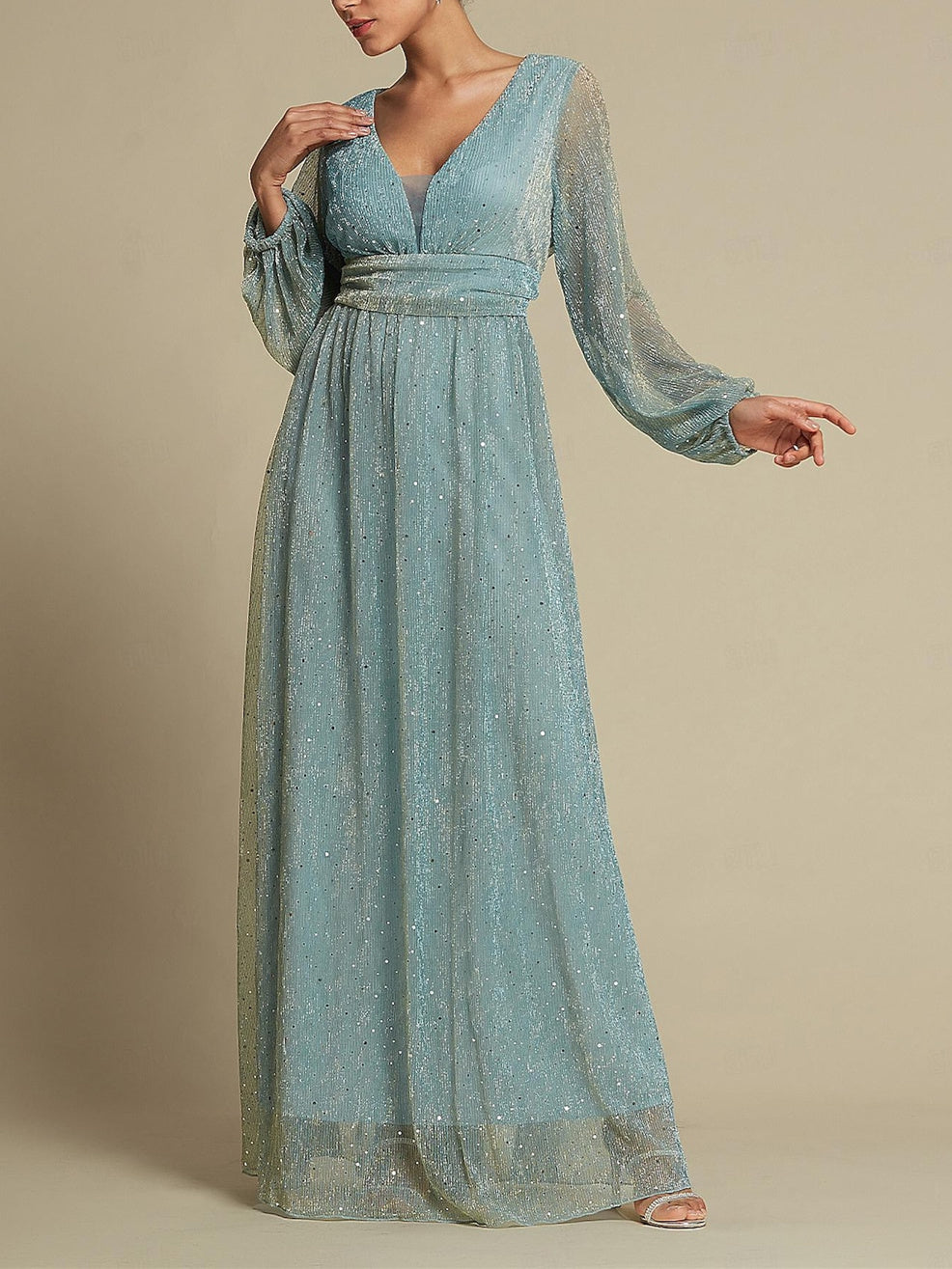 V-Neck A-Line Princess Floor-Length Long Sleeve Party Dress for Wedding Guests