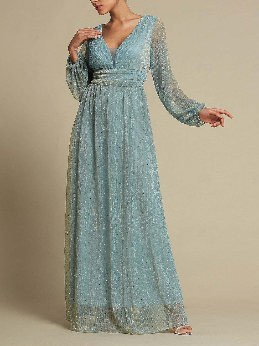 V-Neck A-Line Princess Floor-Length Long Sleeve Party Dress for Wedding Guests