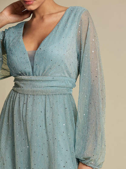 V-Neck A-Line Princess Floor-Length Long Sleeve Party Dress for Wedding Guests