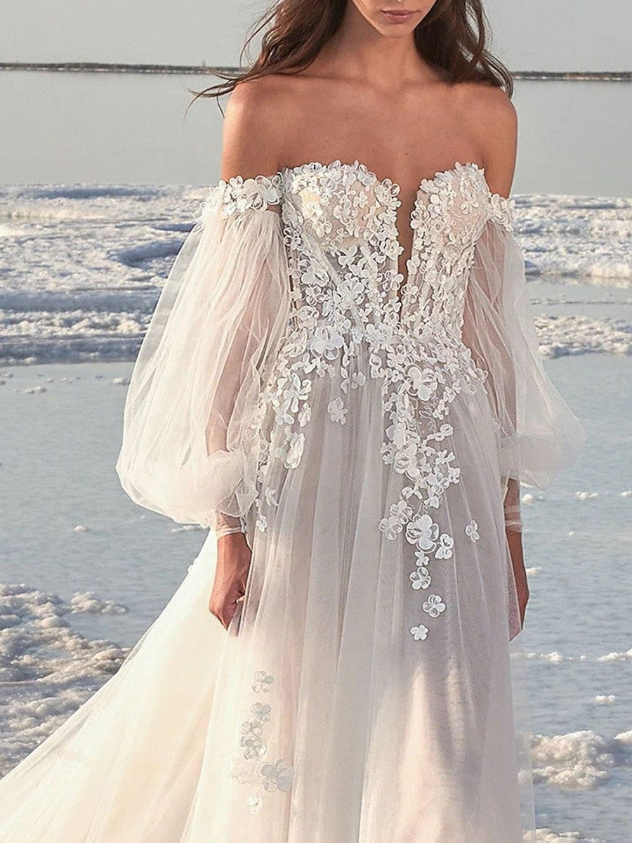 Off-the-Shoulder A-Line Princess Wedding Dress with Court Train for Beach Weddings