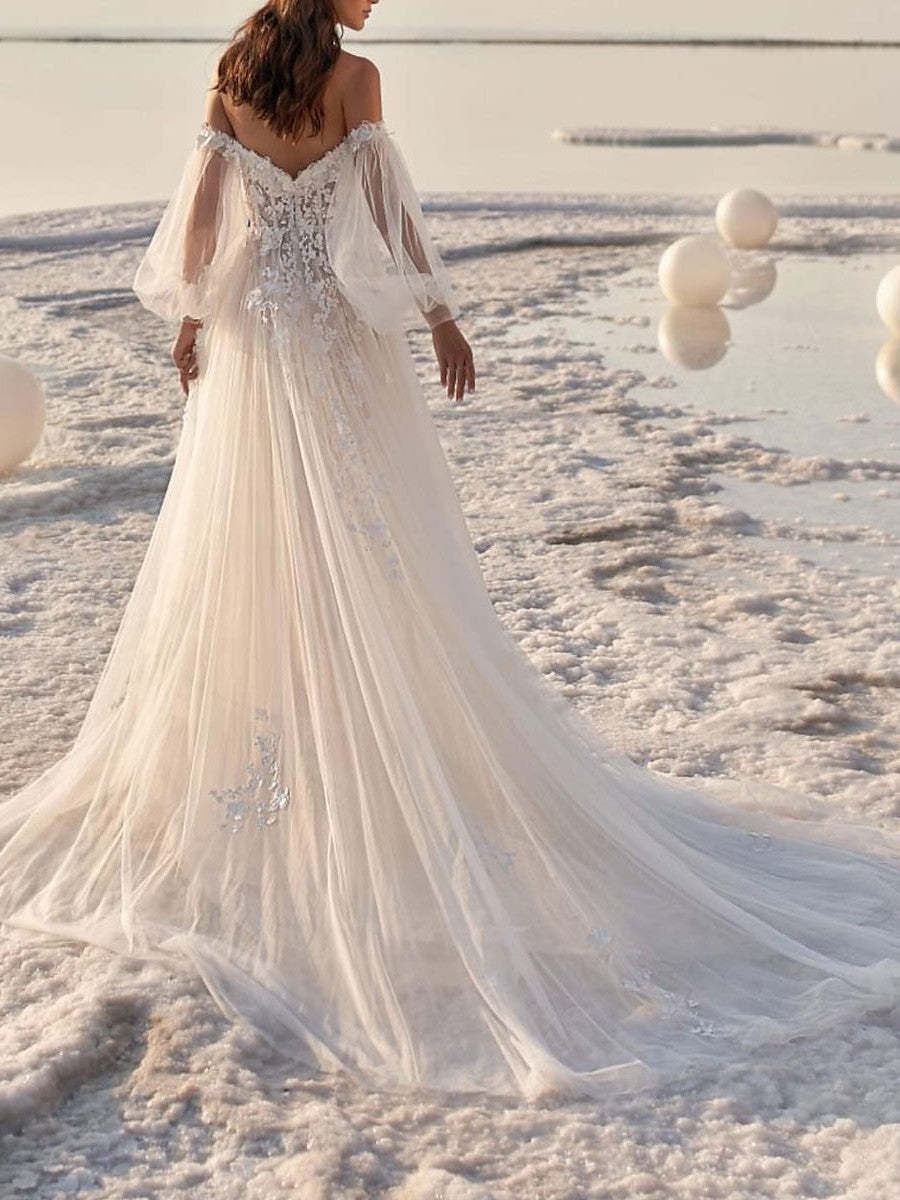 Off-the-Shoulder A-Line Princess Wedding Dress with Court Train for Beach Weddings