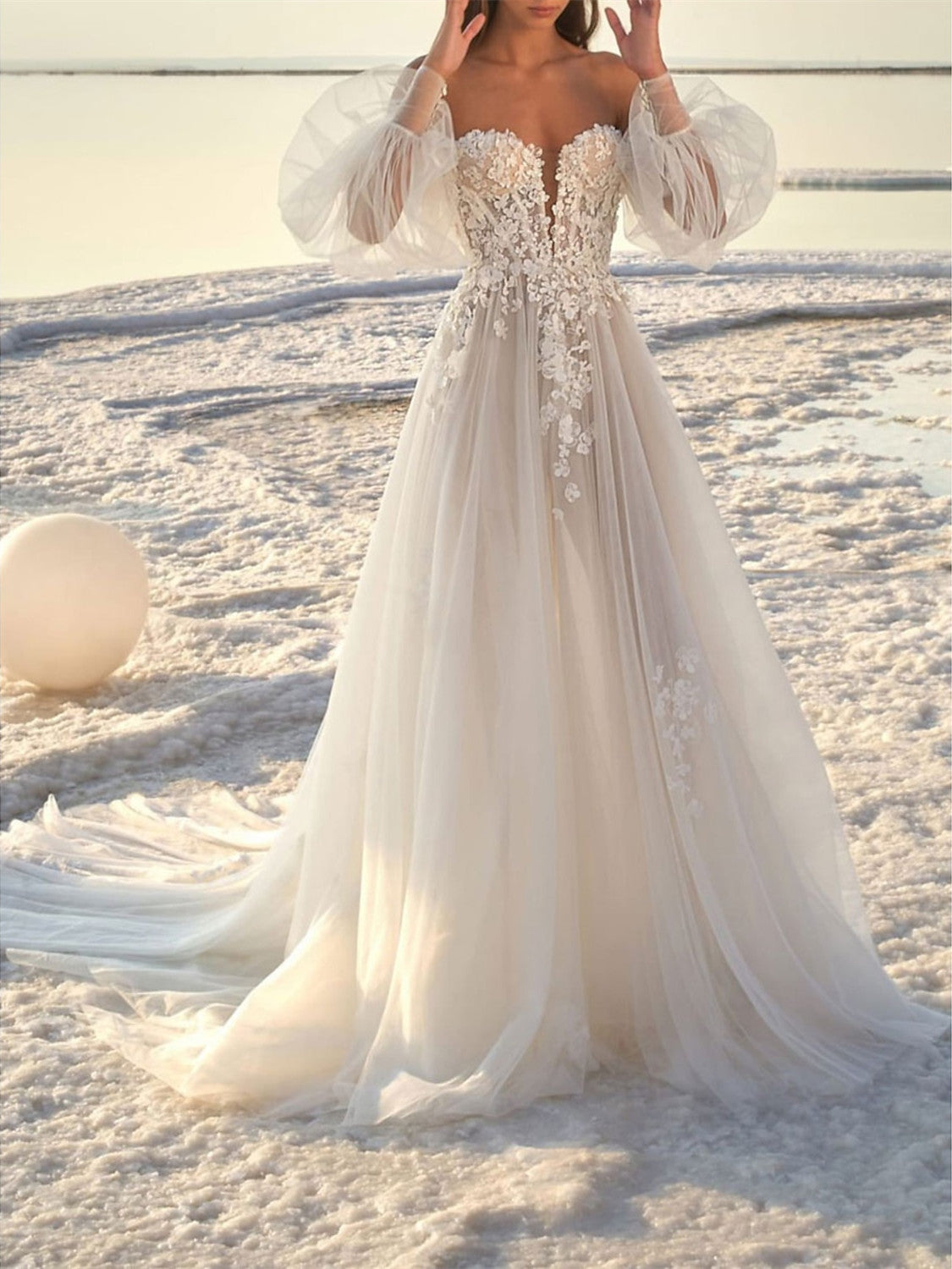 Off-the-Shoulder A-Line Princess Wedding Dress with Court Train for Beach Weddings