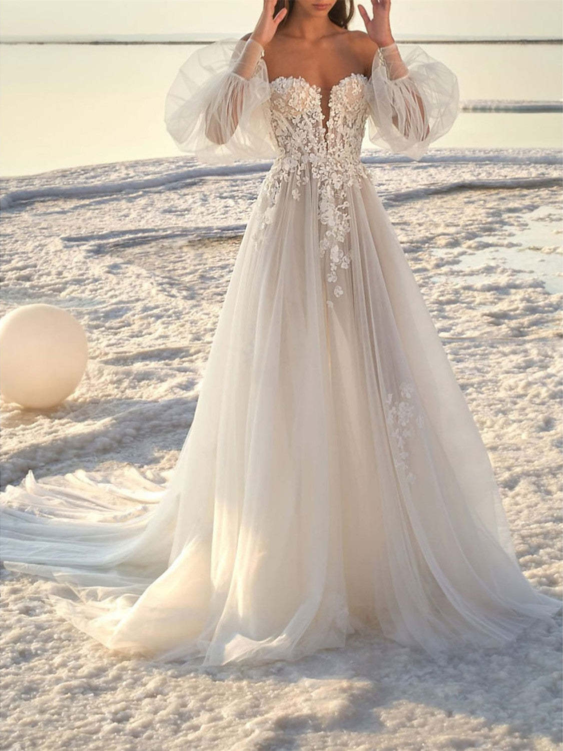 Off-the-Shoulder A-Line Princess Wedding Dress with Court Train for Beach Weddings