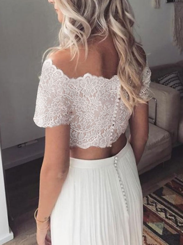 Off-the-Shoulder Short Sleeve A-Line Princess Beach Wedding Dress with Pleats