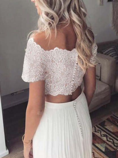 Off-the-Shoulder Short Sleeve A-Line Princess Beach Wedding Dress with Pleats