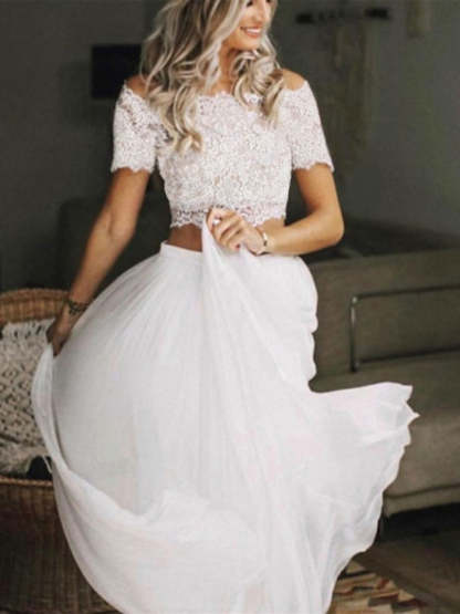 Off-the-Shoulder Short Sleeve A-Line Princess Beach Wedding Dress with Pleats