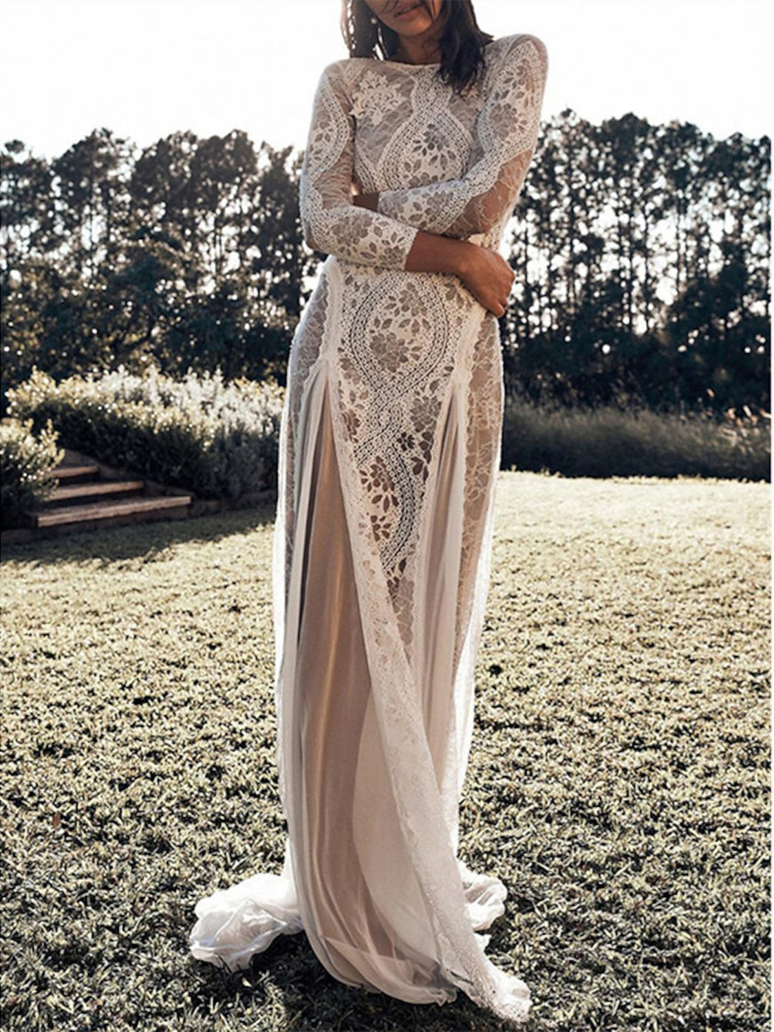 Beach Wedding Column Dress with 3/4 Sleeves and Appliques