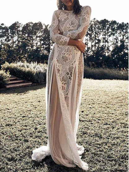 Beach Wedding Column Dress with 3/4 Sleeves and Appliques