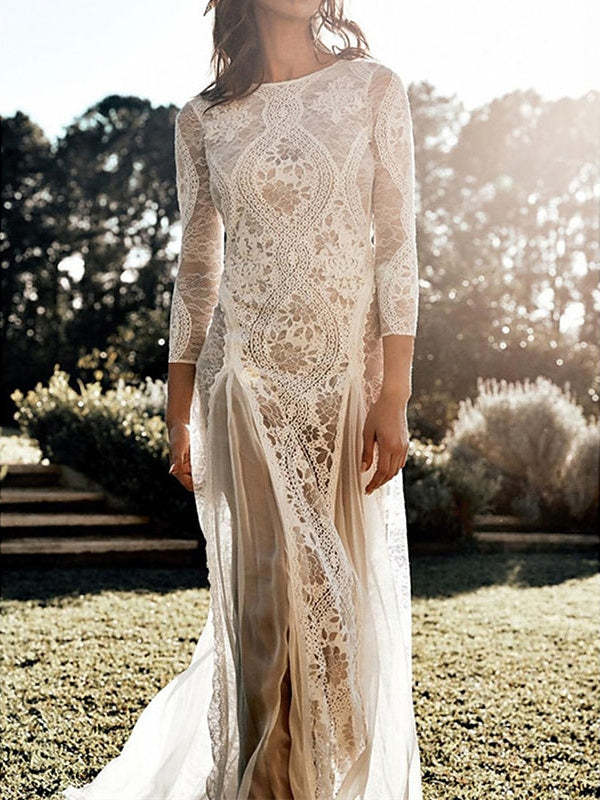 Beach Wedding Column Dress with 3/4 Sleeves and Appliques