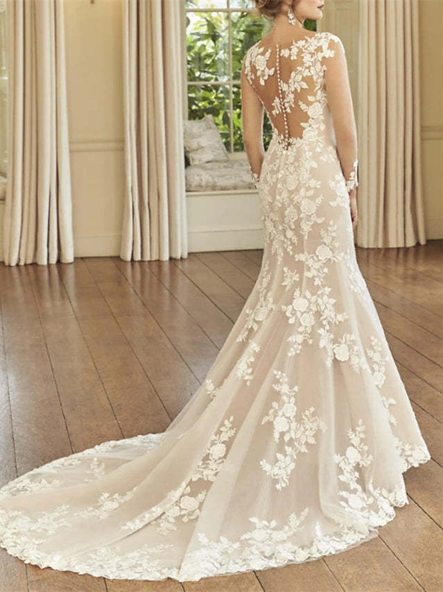 Illusion Neck Long Sleeve Mermaid Wedding Dress with Court Train and Embroidery