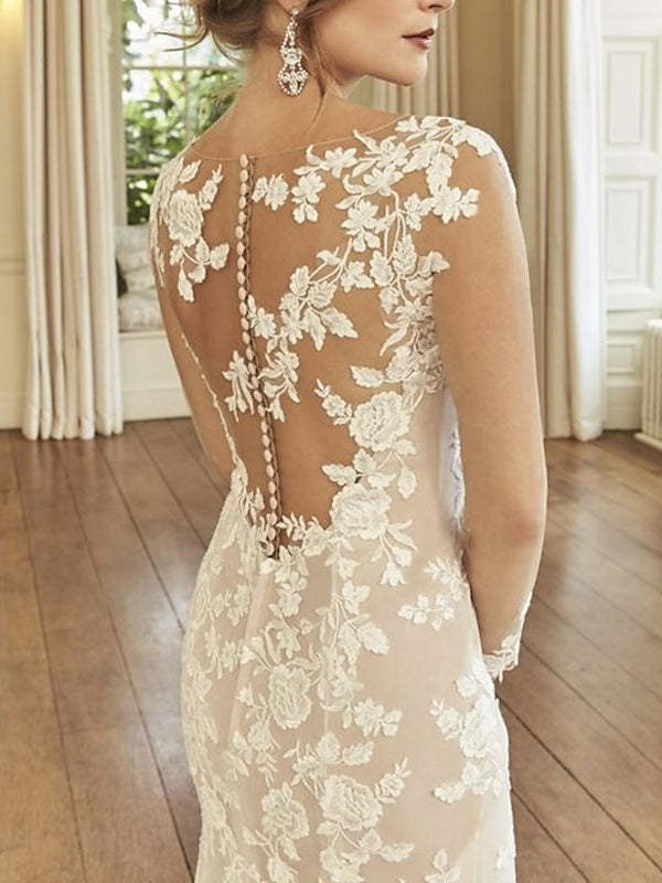 Illusion Neck Long Sleeve Mermaid Wedding Dress with Court Train and Embroidery