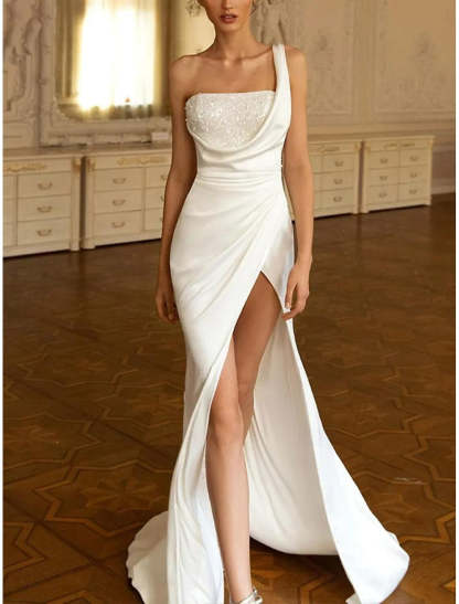 Strapless Mermaid Wedding Gown with Ruched Pleats and Sweep Train