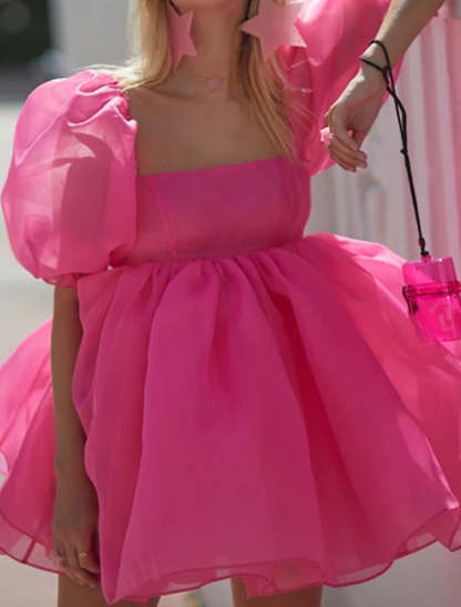 Short Sleeve Square Neck Midi Dress for Wedding Guests