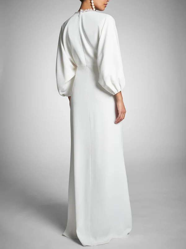 Floor-Length Wedding Dress with Plunging V Neck and Long Sleeves
