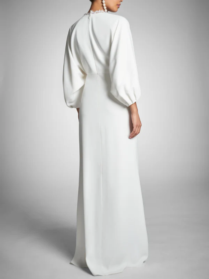 Floor-Length Wedding Dress with Plunging V Neck and Long Sleeves