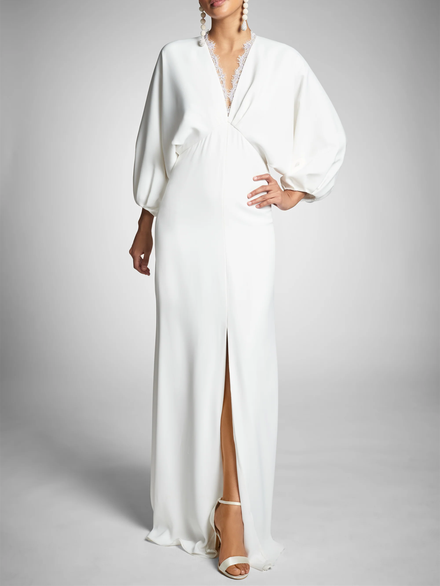 Floor-Length Wedding Dress with Plunging V Neck and Long Sleeves