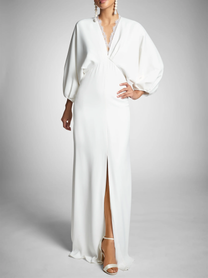 Floor-Length Wedding Dress with Plunging V Neck and Long Sleeves
