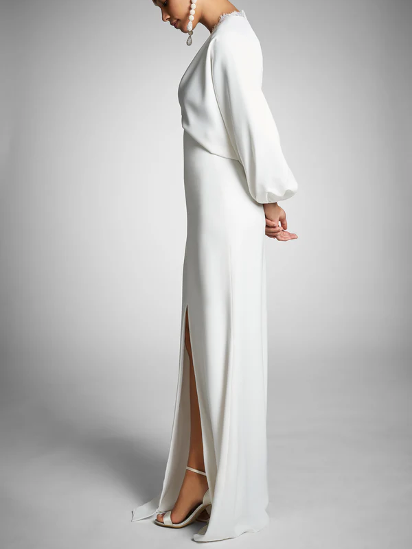 Floor-Length Wedding Dress with Plunging V Neck and Long Sleeves