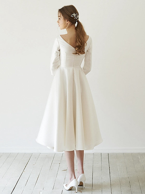 Scoop Neck Tea-Length Wedding Dress with 3/4 Sleeves in A-Line/Princess Style