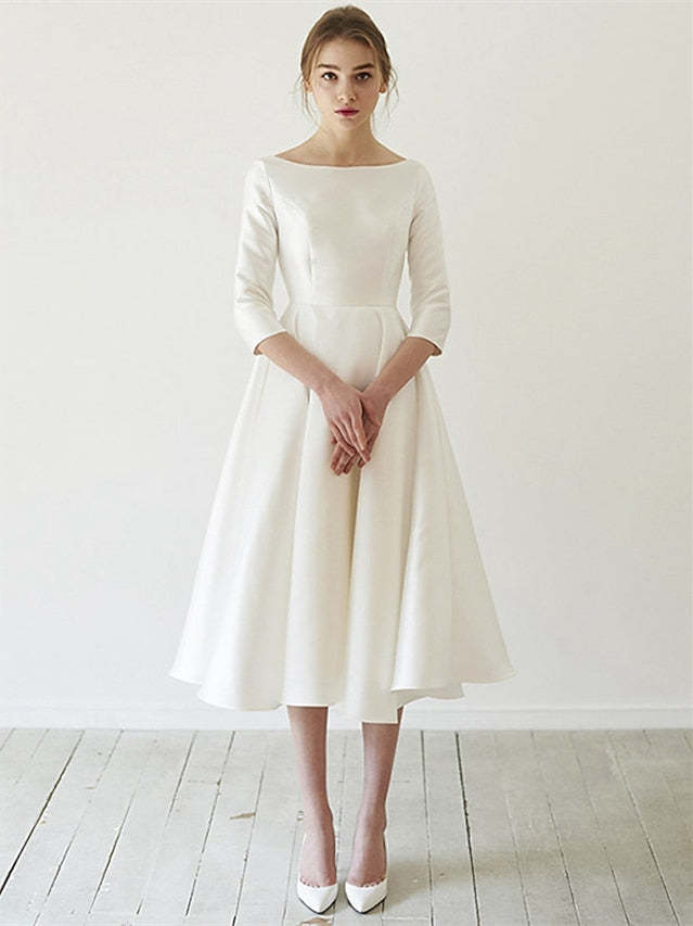 Scoop Neck Tea-Length Wedding Dress with 3/4 Sleeves in A-Line/Princess Style